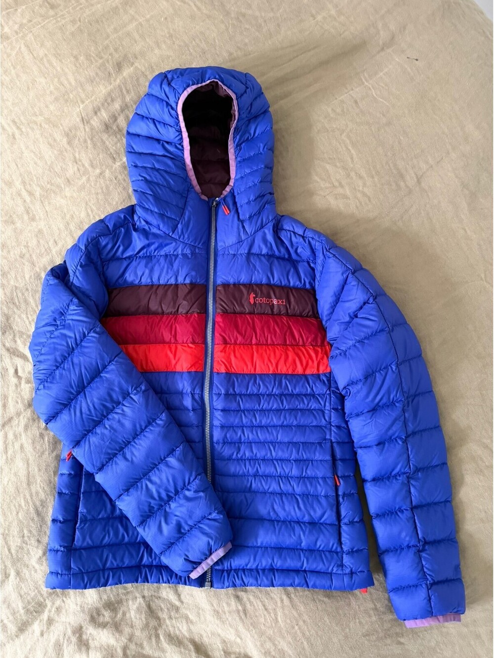 Cotopaxi Fuego Down Hooded Jacket Women's XS Blue Red Colorblock Puffer Coat